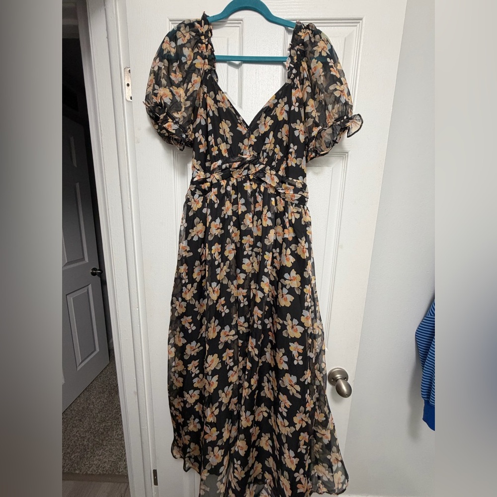 Petal and Pup Black Floral Midi Dress with Puff Sleeves